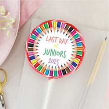 Load image into Gallery viewer, Colourful Pencils Last Day Of Juniors Giant Lollipop