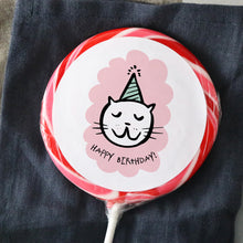 Load image into Gallery viewer, Cat With Party Hat Happy Birthday Lollipop - Suck It & Say
