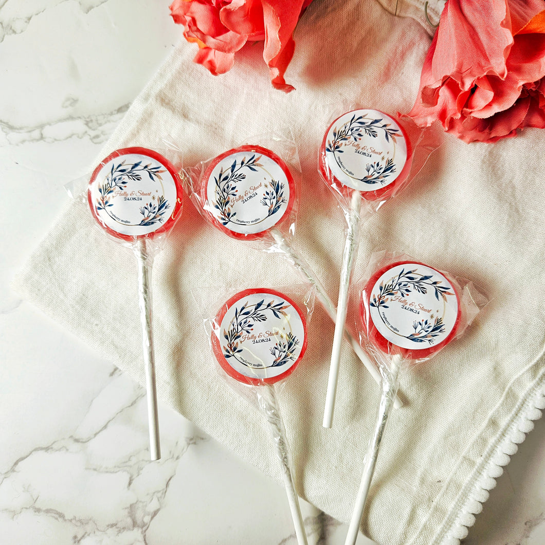 Pink and Green Leaf Wedding Favour Lollipops