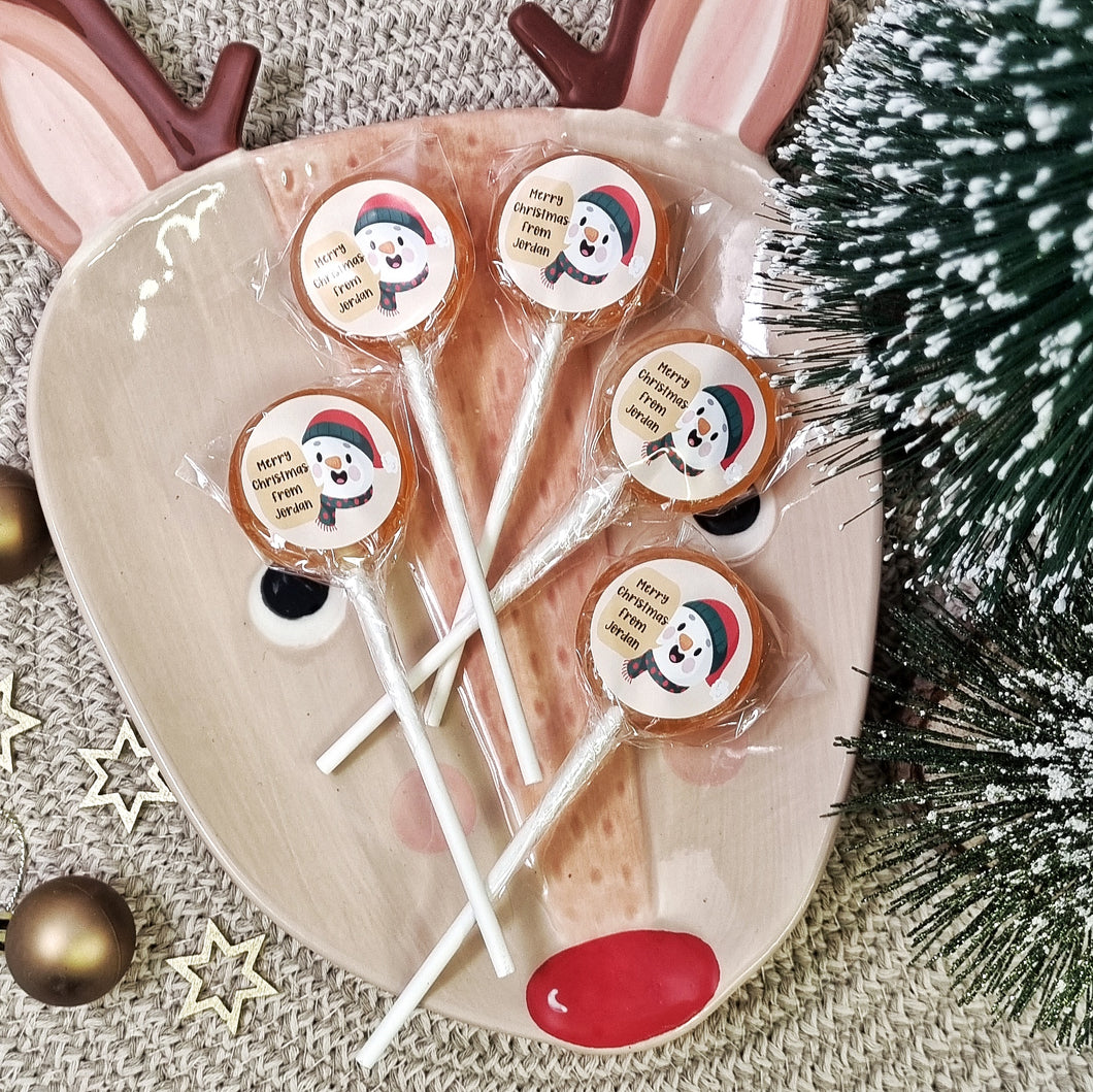Personalised 'Merry Christmas From' Snowman Small Lollipops