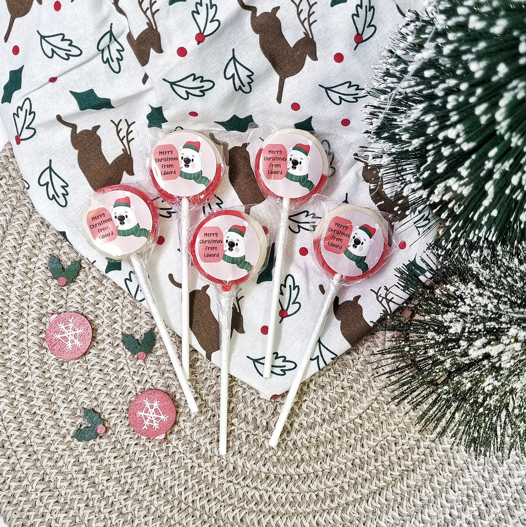 Personalised 'Merry Christmas From' Polar Bear Small Lollipops