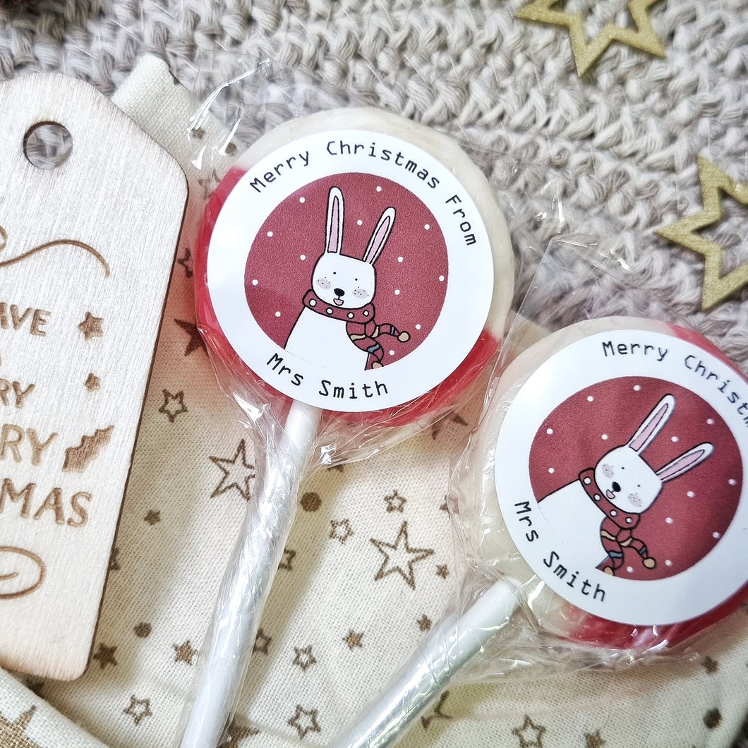 Personalised 'Merry Christmas From Teacher' Rabbit Small Lollipops
