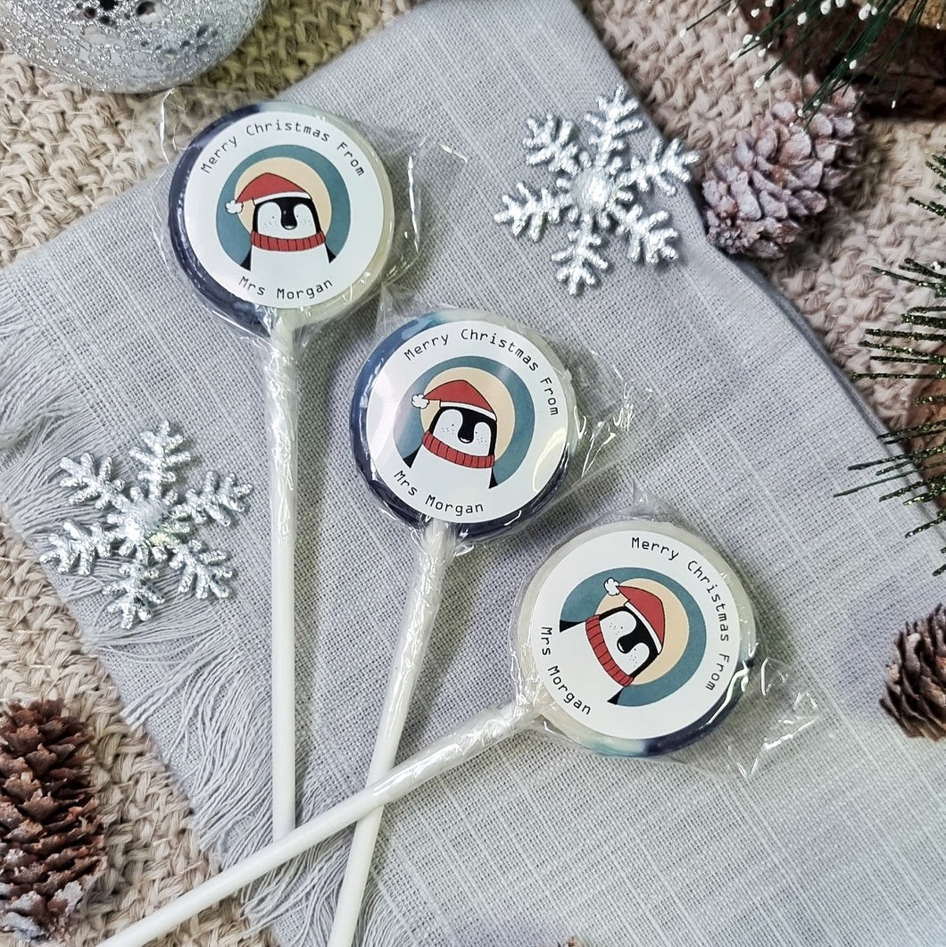 Personalised 'Merry Christmas From Teacher' Penguin Small Lollipops