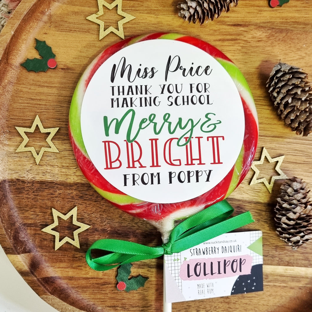Personalised Teacher Thank You For Being Merry & Bright Lollipop