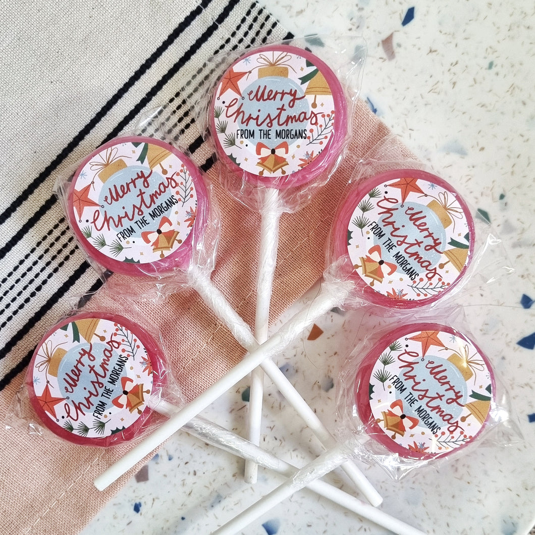 Personalised 'Merry Christmas From The' Pink Bauble Small Lollipops