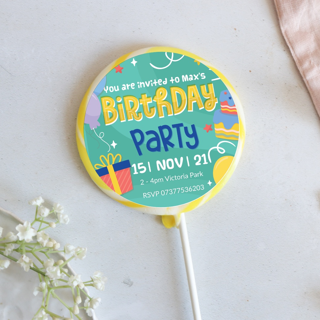 Personalised Turquoise Party Invitation Giant Lollipops