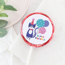 Load image into Gallery viewer, Cat With Balloons Happy Birthday Lollipop - Suck It &amp; Say
