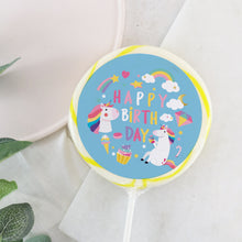 Load image into Gallery viewer, Rainbows and Unicorns Happy Birthday Lollipop - Suck It &amp; Say
