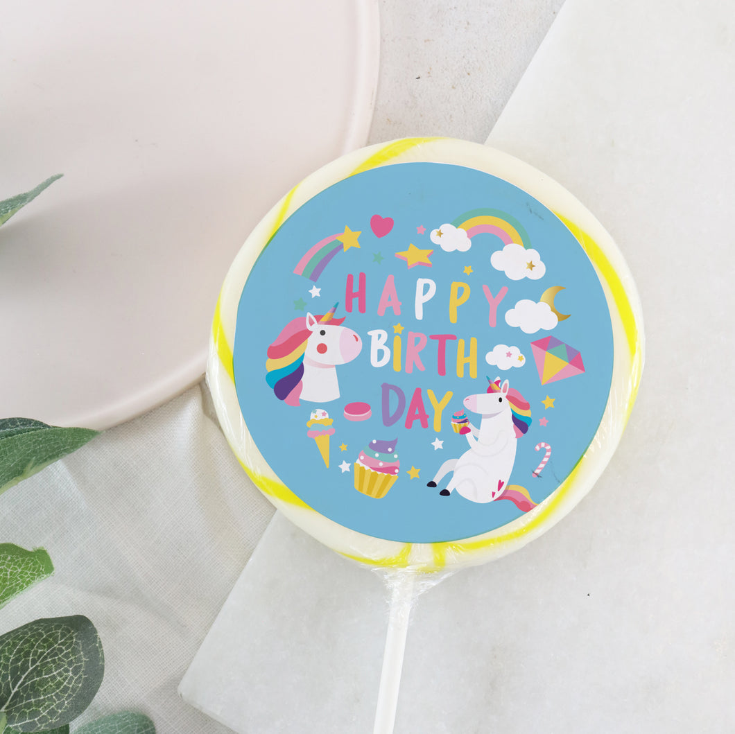 Rainbows and Unicorns Happy Birthday Lollipop - Suck It & Say