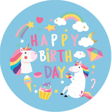Load image into Gallery viewer, Rainbows and Unicorns Happy Birthday Lollipop - Suck It &amp; Say
