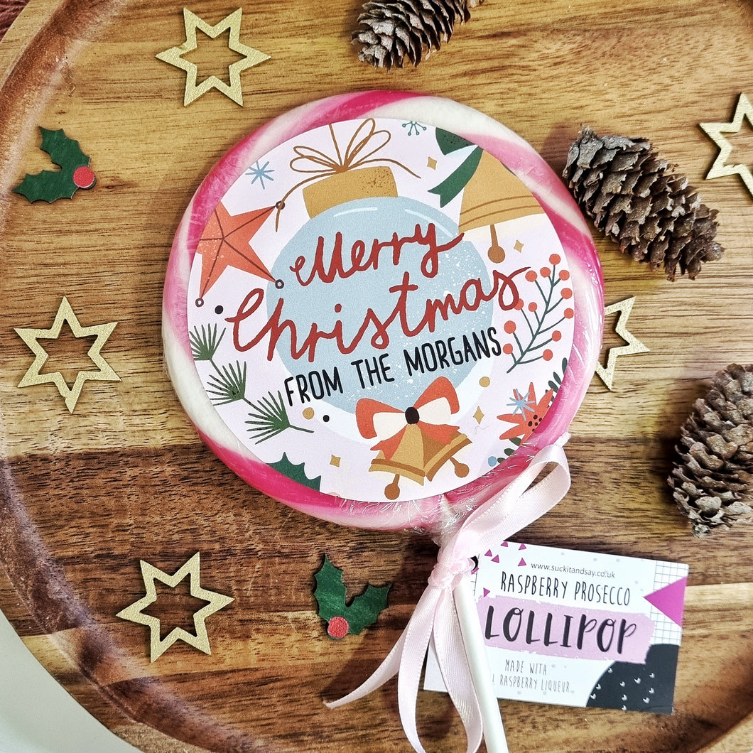 Personalised Family Merry Christmas Pink Bauble Lollipop