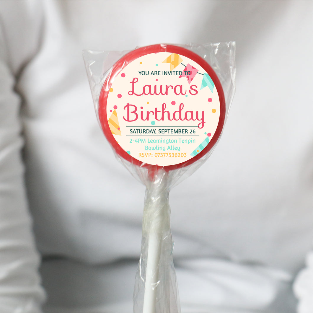 Personalised Pink Dotty Party Invitation Lollipops