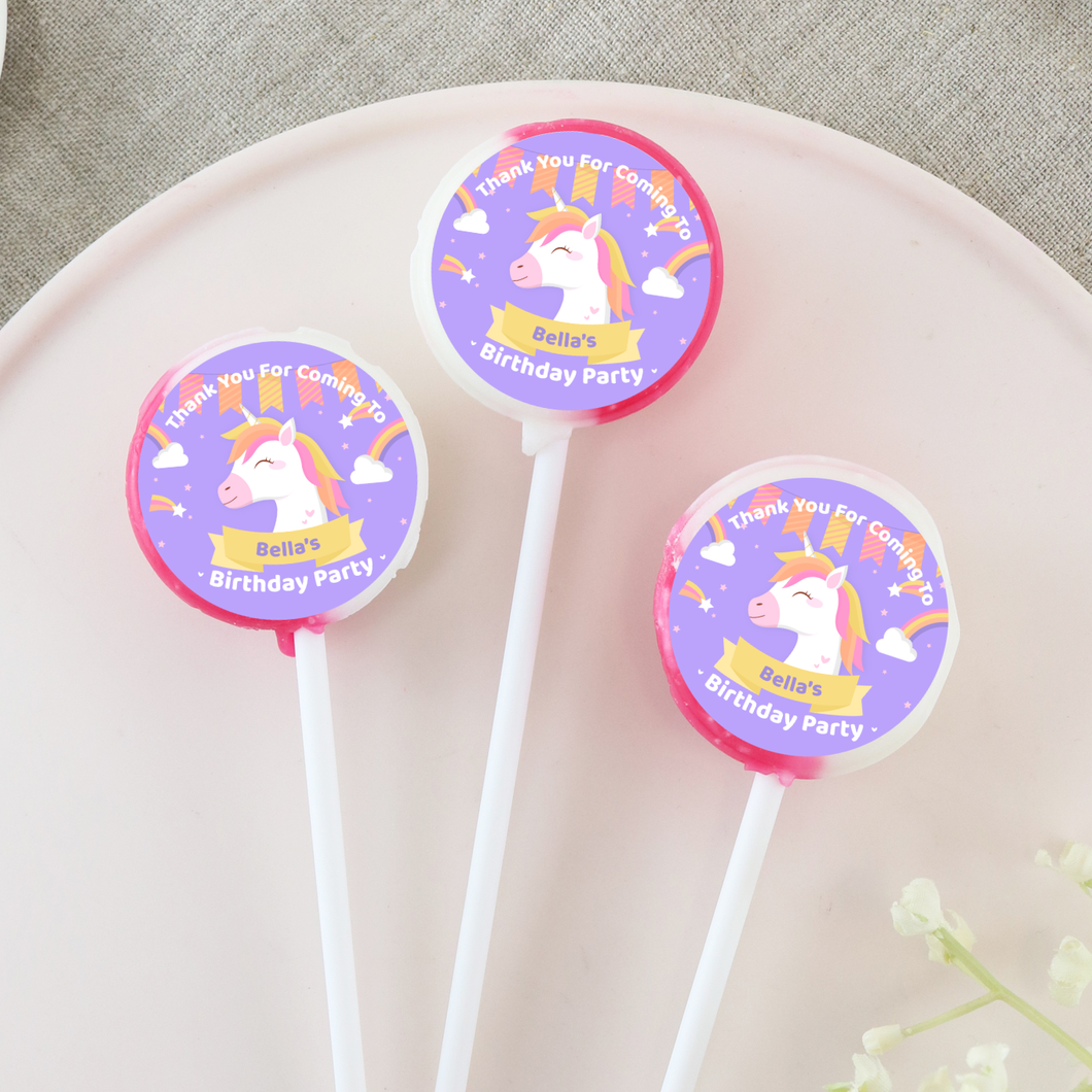 Personalised Unicorn Thank You Party Lollipops