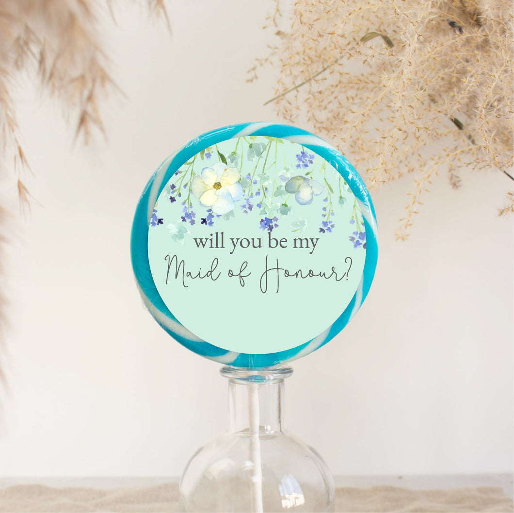 Will You Be My Maid of Honour Blue Floral Lollipop
