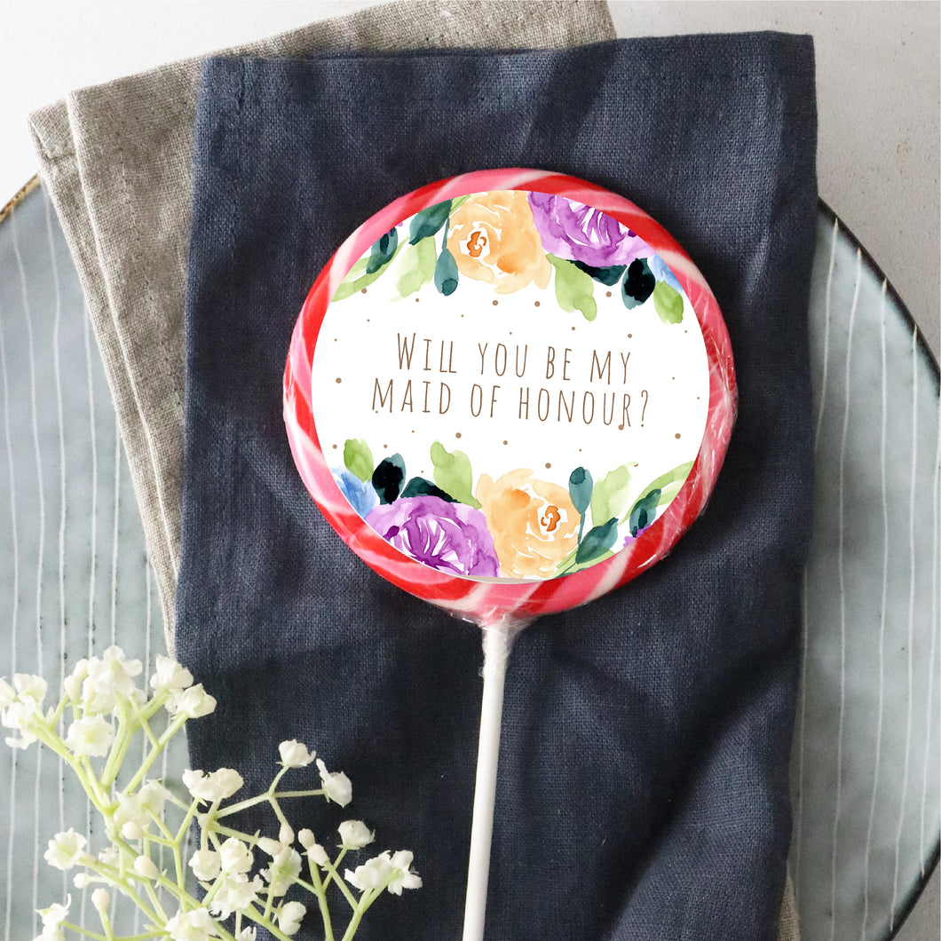 Will You Be My Maid of Honour Pastel Floral Lollipop